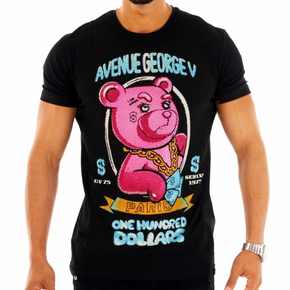 Avenue George V Paris Luxury Black T-Shirt Rhinestone Teddy Bear XL